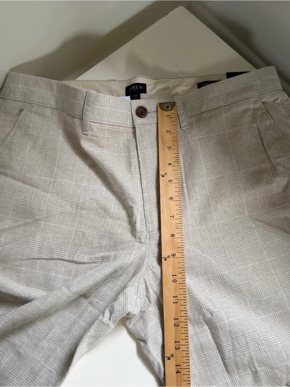 J Crew NWT Linen Blend Pants Tan Cream Straight Leg Glen Plaid Size 34 X 34